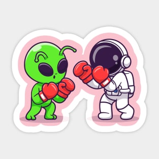 Cute Alien and Astronaut Fighting Boxing Cartoon Sticker